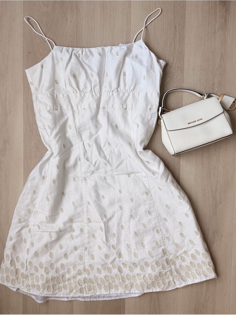 Ann Taylor White Midi Dress with Gold Leaf embroidery